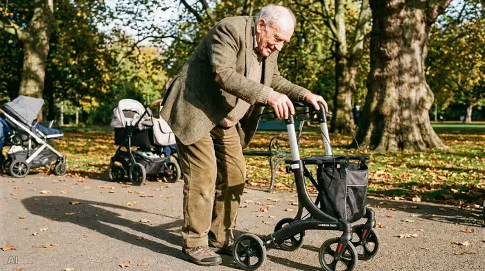 Ein detailliertes, realistisches Bild eines älteren Mannes, der sich bei einem Spaziergang im Park leicht nach vorne auf einen modernen Rollator stützt. Er trägt bequeme Alltagskleidung, sein Gesicht zeigt Erleichterung durch die vorgebeugte Haltung. Sonniges, helles Wetter im Hintergrund.