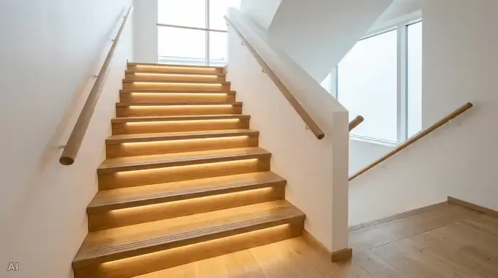 Eine moderne, sichere Holztreppe im Innenbereich mit hell leuchtenden, warmweißen LED-Spots an jeder einzelnen Stufenkante. Die Stufen haben unauffällige, aufgeraute Anti-Rutsch-Streifen. Ein beidseitiger, runder Handlauf aus glattem Holz rahmt die Treppe ein. Saubere, aufgeräumte Umgebung.