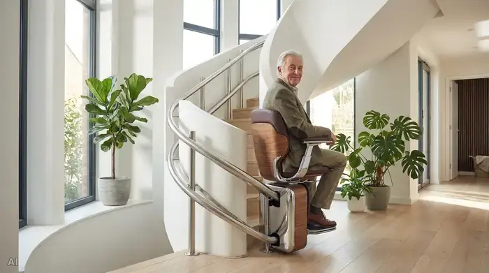 Ein eleganter Sitz-Treppenlift fährt sanft eine kurvige Treppe hinauf. Auf dem gepolsterten Sitz sitzt ein entspannter Senior, der lächelnd in die Kamera schaut. Helles Treppenhaus mit Zimmerpflanzen im Hintergrund, hochwertige und moderne Verarbeitung des Lifts.