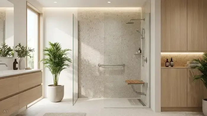 Ein helles, modernes und barrierefreies Badezimmer. Im Fokus steht eine großzügige, bodengleiche Dusche mit rutschfesten, matten Fliesen und einem eleganten Glasaufbau. An der Wand ist ein stabiler Duschklappsitz und ein metallischer Haltegriff montiert. Spa-ähnliche, beruhigende Atmosphäre.