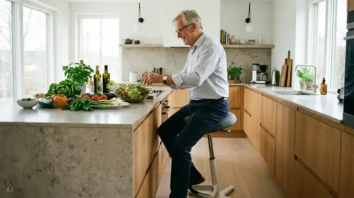 Ein älterer Herr mit grauen Haaren bereitet in einer modernen, gut beleuchteten Küche einen Salat zu. Er sitzt dabei entspannt auf einem höhenverstellbaren Stehhocker am Küchentresen, was seine Wirbelsäule entlastet. Die Szene wirkt friedlich und selbstständig.