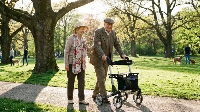 Ein älteres Ehepaar spaziert an einem sonnigen Nachmittag durch einen grünen Park. Der Mann stützt sich leicht auf einen modernen Rollator, der ihm Sicherheit gibt. Beide lächeln und genießen die gemeinsame Zeit in der Natur.