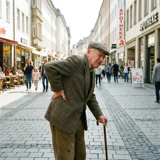 Ein älterer Herr steht aufrecht, greift sich mit schmerzverzerrtem Gesicht an den unteren Rücken. Eine helle, realistische Szene in einer Fußgängerzone.