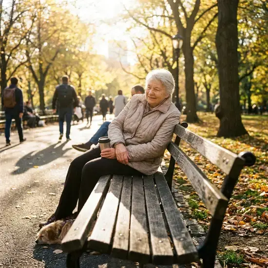 Eine ältere Dame beugt sich entspannt auf einer Parkbank nach vorne, ihr Gesichtsausdruck ist erleichtert. Sonniges, helles Ambiente in einem Park.