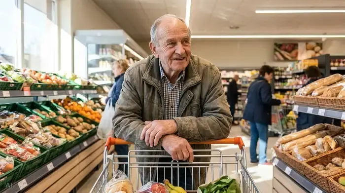 Ein Senior im Supermarkt stützt seine Unterarme bequem auf den Griff eines Einkaufswagens und beugt sich leicht nach vorne, während er entspannt durch den Gang spaziert.