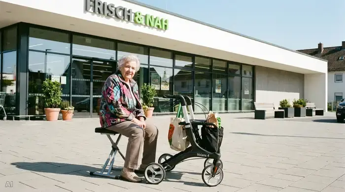 Eine rüstige Rentnerin sitzt entspannt auf der Sitzfläche ihres modernen Rollators vor einem Supermarkt und ruht sich aus. Schönes Wetter, klare und saubere Umgebung.