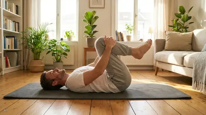 Ein Mann liegt auf einer weichen Gymnastikmatte im hellen Wohnzimmer und zieht beide Knie sanft zur Brust heran, um seinen Rücken zu dehnen.