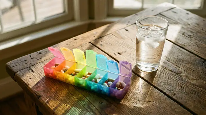 Eine übersichtliche, mehrfarbige Tablettenbox für sieben Tage liegt auf einem sauberen Holztisch im Sonnenlicht. Daneben steht ein frisches Glas Wasser. Keine Etiketten oder Text sichtbar.