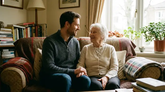 Ein einfühlsamer Sohn sitzt auf Augenhöhe mit seiner älteren Mutter auf dem Sofa, beide lächeln sich verständnisvoll an. Warme, harmonische Atmosphäre ohne Ablenkungen.