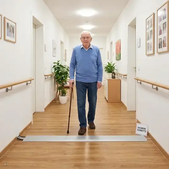 Ein flacher, ordentlicher Flur in einer Seniorenwohnung. Eine moderne, am Boden fixierte Kabelbrücke verdeckt sicher alle Leitungen. Ein älterer Herr mit Gehstock spaziert mühelos darüber hinweg. Helle Beleuchtung, aufgeräumte und sichere Umgebung.