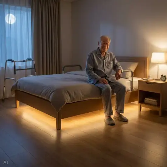 Ein seniorengerechtes Schlafzimmer bei Nacht. Ein sanftes, warmes LED-Licht unter dem Bett erhellt den teppichfreien Fußboden, während ein älterer Mann sicher auf der Bettkante sitzt. Ruhige, sichere Atmosphäre ohne Hindernisse.