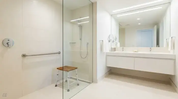 Ein modernes, hell gefliestes Badezimmer mit einer großzügigen, ebenerdigen Walk-in-Dusche. An der Wand ist ein stabiler, metallischer Haltegriff montiert, darunter steht ein sicherer Duschhocker. Alles ist sauber, trocken und exzellent beleuchtet.