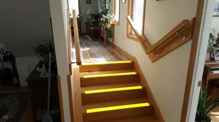 Eine gut beleuchtete Holztreppe im Innenbereich eines Hauses. Auf den Vorderkanten der Stufen leuchten deutlich sichtbare, gelbe Kontraststreifen. Ein stabiler Handlauf auf beiden Seiten der Treppe bietet festen Halt. Realistische und sichere Wohnumgebung.