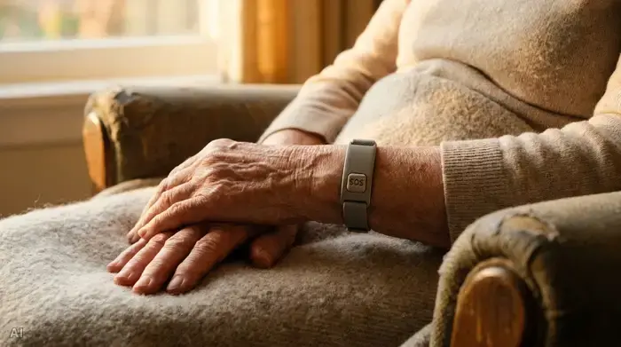 Eine Nahaufnahme des Handgelenks einer älteren Person, die ein modernes, unauffälliges Hausnotruf-Armband trägt. Die Person sitzt entspannt in einem weichen Sessel und ruht die Hände auf dem Schoß. Warme und beruhigende Lichtstimmung.