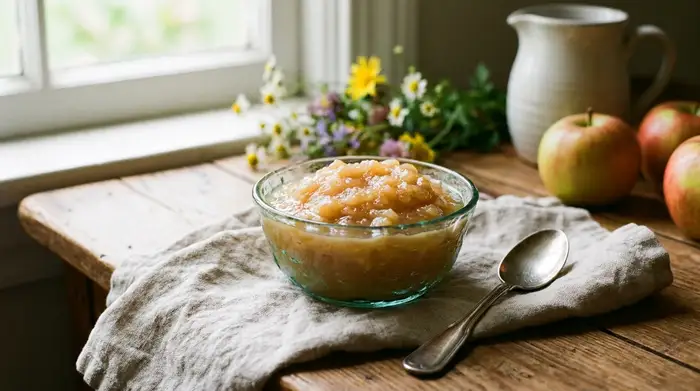 Eine kleine Glasschale gefüllt mit frischem, ungesüßtem Apfelmus und einem silbernen Teelöffel daneben, angerichtet auf einem sauberen Küchentisch mit einem Leinentuch. Natürliches Licht, einladend und appetitlich.
