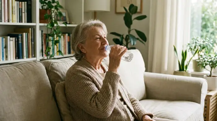 Eine ältere Dame neigt den Kopf leicht nach vorne, während sie aus einer kleinen Wasserflasche trinkt. Sie sitzt bequem auf einem Sofa in einem hellen Wohnzimmer. Ruhige und entspannte Atmosphäre.