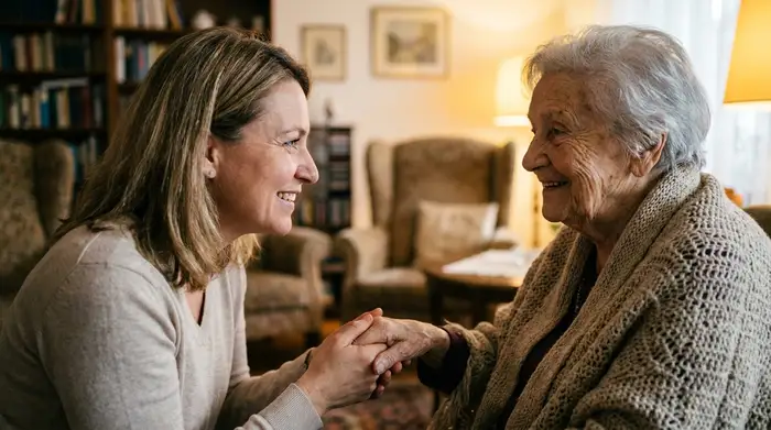 Eine geduldige Frau hält sanft die Hand einer älteren Dame. Beide lächeln sich liebevoll an. Im Hintergrund ist ein unscharfes, gemütliches Wohnzimmer zu erkennen.