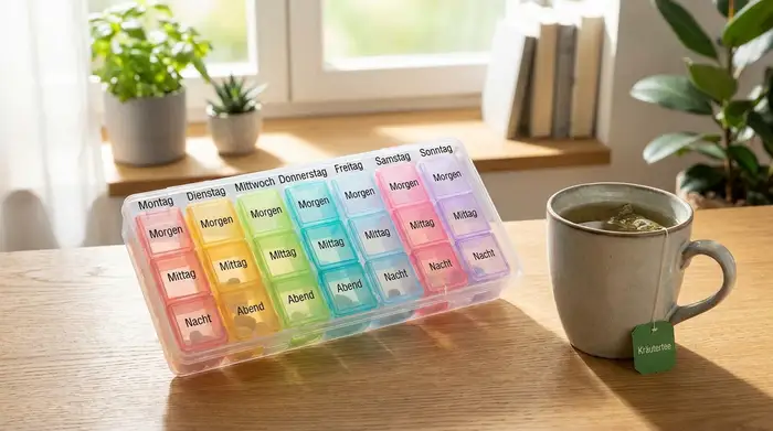 Eine bunte, übersichtliche Pillendose mit verschiedenen Fächern für die Wochentage liegt auf einem Holztisch neben einer Tasse Kräutertee. Klare, strukturierte Umgebung im Tageslicht.