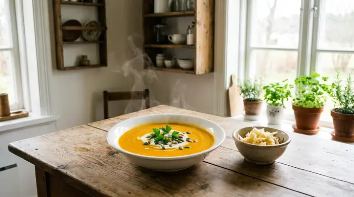 Eine dampfende Schüssel mit frisch zubereiteter Karottensuppe auf einem rustikalen Holztisch. Daneben liegt ein geriebener Apfel in einer kleinen Keramikschale. Helle und einladende Küchenatmosphäre.