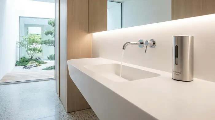 Eine saubere, moderne Badezimmerszene. Ein Spender für Händedesinfektion steht neben einem eleganten Waschbecken mit fließendem, klarem Wasser. Sanftes, hygienisches Licht.
