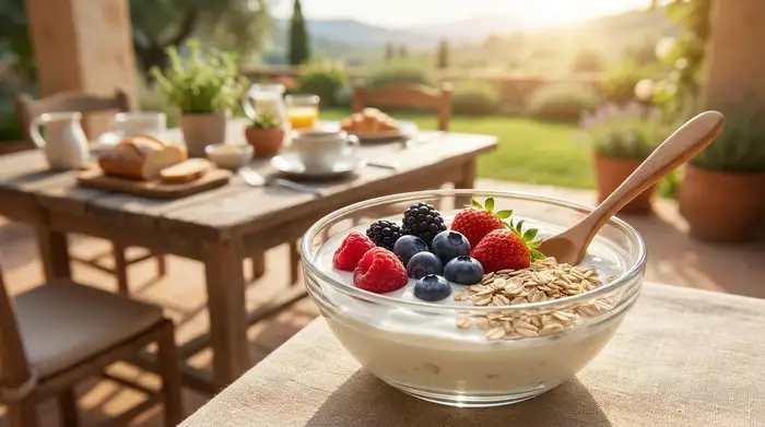 Eine gesunde Mahlzeit bestehend aus Naturjoghurt mit frischen Beeren und Haferflocken in einer hellen Glasschale. Im Hintergrund unscharf eine sonnige Frühstücksszene auf einer Terrasse.