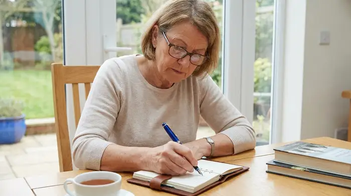 Eine ältere Frau mit Lesebrille sitzt an einem aufgeräumten Holztisch am Fenster und schreibt konzentriert mit einem blauen Stift in ein kleines, hochwertiges Notizbuch.