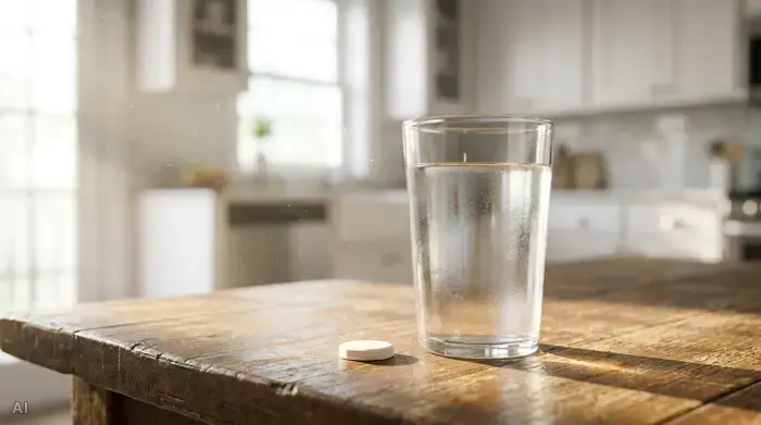 Ein klares Wasserglas neben einer runden, weißen Tablette auf einem sauberen Holztisch. Im Hintergrund ist unscharf eine helle Küche zu erkennen. Friedliche Stimmung am Morgen.