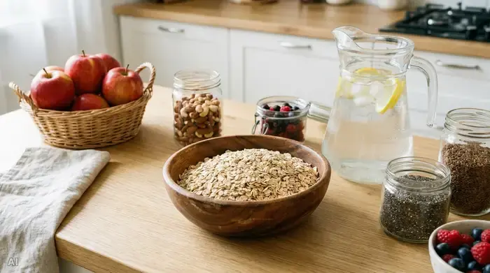 Verschiedene gesunde, milchfreie Frühstückszutaten auf einer hellen Küchentheke: Frische rote Äpfel, eine rustikale Holzschale mit zarten Haferflocken und ein gläserner Krug mit klarem Wasser.