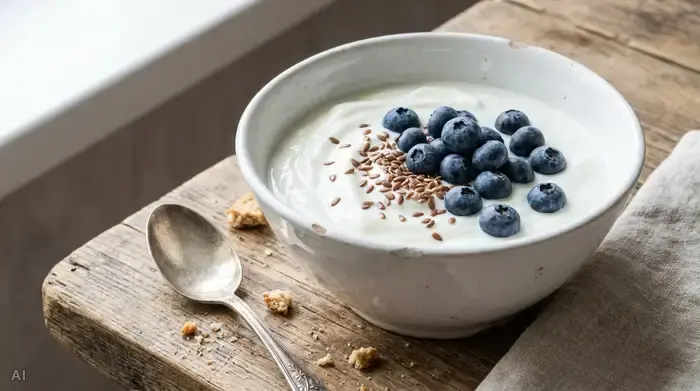Eine weiße Keramikschale gefüllt mit cremigem Naturjoghurt, liebevoll garniert mit frischen Heidelbeeren und Leinsamen, angerichtet auf einem rustikalen Holztisch. Ein silberner Löffel liegt daneben.