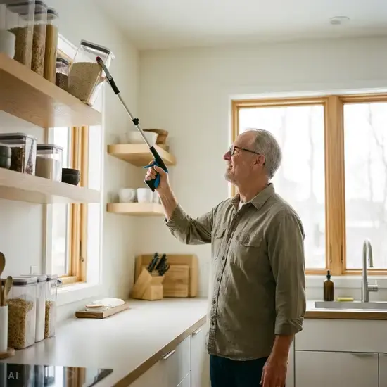 Ein rüstiger Senior greift in einer aufgeräumten, hellen Küche mit einer ergonomischen Greifzange mühelos nach einer leichten Vorratsdose auf einem oberen Regalbrett.
