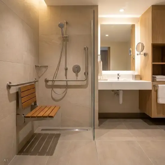 Ein modernes, barrierefreies Badezimmer mit einer bodengleichen Dusche, an deren Wand ein stabiler, rutschfester Duschklappsitz und ergonomische Haltegriffe aus gebürstetem Edelstahl montiert sind.
