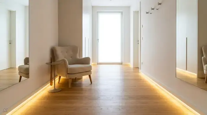 Ein aufgeräumter, heller Flur in einem modernen Haus. Der Holzboden ist völlig frei von losen Teppichen, warme LED-Leuchten an den Fußleisten sorgen für eine klare Sicht auf den Gehweg. Ein bequemer, gepolsterter Sessel steht an der Wand bereit, um sich beim Schuheanziehen sicher hinzusetzen.