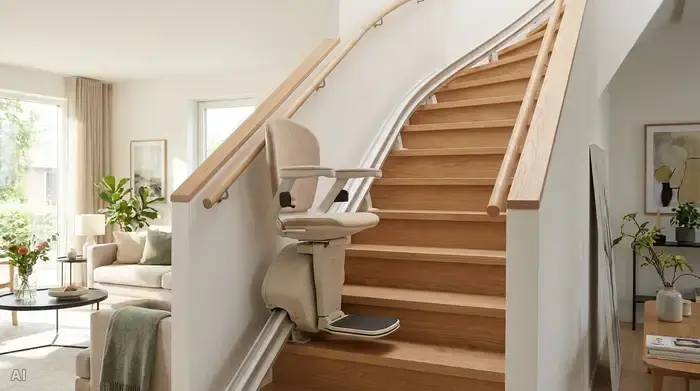 Ein moderner Sitz-Treppenlift gleitet sanft eine geschwungene Holztreppe in einem hellen Wohnhaus hinauf. Der Sitz ist weich gepolstert und fügt sich elegant in das wohnliche Ambiente ein. Beidseitige Handläufe aus hellem Holz bieten zusätzliche Sicherheit.
