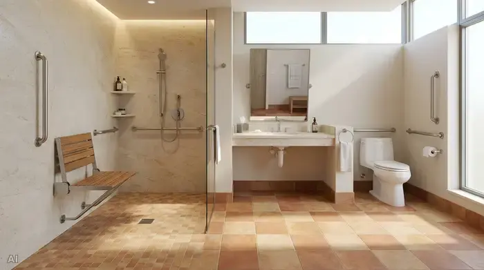 Ein elegantes, barrierefreies Badezimmer mit einer großzügigen, bodengleichen Dusche. Rutschfeste, matte Fliesen in warmen Erdtönen bedecken den Boden. Ein stabiler, klappbarer Duschsitz und ergonomische Haltegriffe an den hellen Wänden sorgen für maximalen Komfort und Sicherheit.