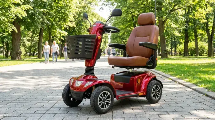 Ein rotes, modernes Elektromobil parkt sicher auf einem gepflasterten Gehweg in einem sonnigen Park. Im Hintergrund spazieren Menschen unter grünen Bäumen. Das Gefährt wirkt stabil und einladend, mit einem bequemen Ledersitz und einem praktischen Einkaufskorb am Lenker.