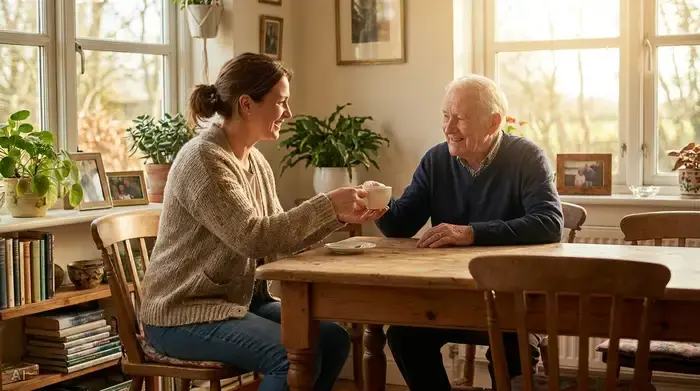 Eine einfühlsame Pflegekraft in legerer Alltagskleidung reicht einem älteren Herrn liebevoll eine Tasse Tee an einem rustikalen Esstisch. Beide lächeln sich freundlich an. Der Raum ist lichtdurchflutet und strahlt Geborgenheit und eine vertrauensvolle Atmosphäre aus.