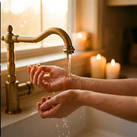 Eine Nahaufnahme von zwei Händen, die sanft die Wassertemperatur an der Innenseite des Handgelenks unter einem fließenden Wasserhahn testen. Warmes, angenehmes Licht im Hintergrund.