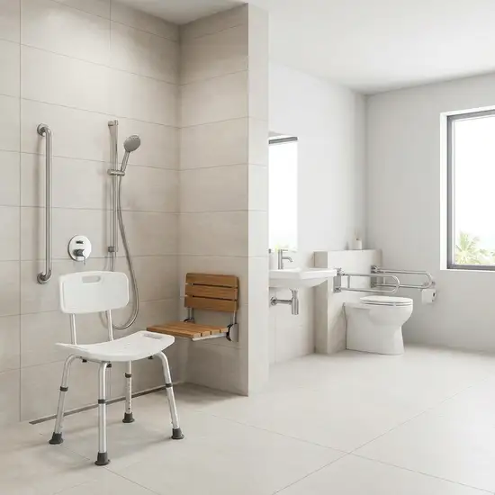 Ein modernes, barrierefreies Badezimmer mit einer bodengleichen Dusche. In der Dusche steht ein stabiler, ergonomischer Duschstuhl mit rutschfesten Füßen. An der hell gefliesten Wand ist ein sicherer Haltegriff montiert.