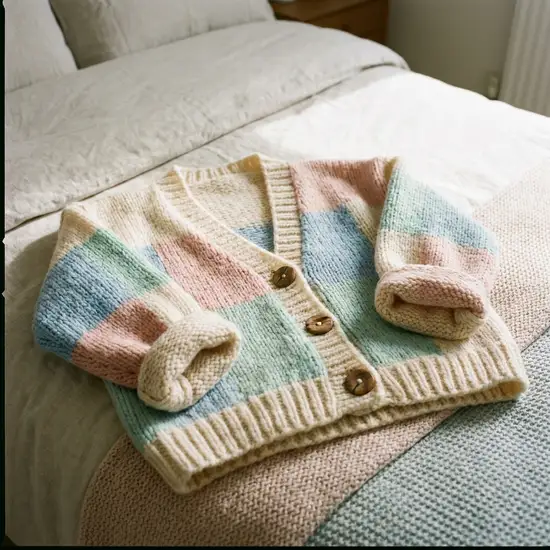 Eine Nahaufnahme einer weichen, bequemen Strickjacke mit großen, leicht greifbaren Knöpfen und weiten Ärmeln, die auf einem ordentlichen Bett liegt. Sanfte Pastellfarben bestimmen das Bild.