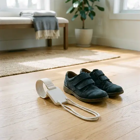 Ein praktischer Strumpfanzieher liegt neben bequemen Schuhen mit Klettverschluss auf einem hellen Holzboden. Alles wirkt aufgeräumt und alltagstauglich.
