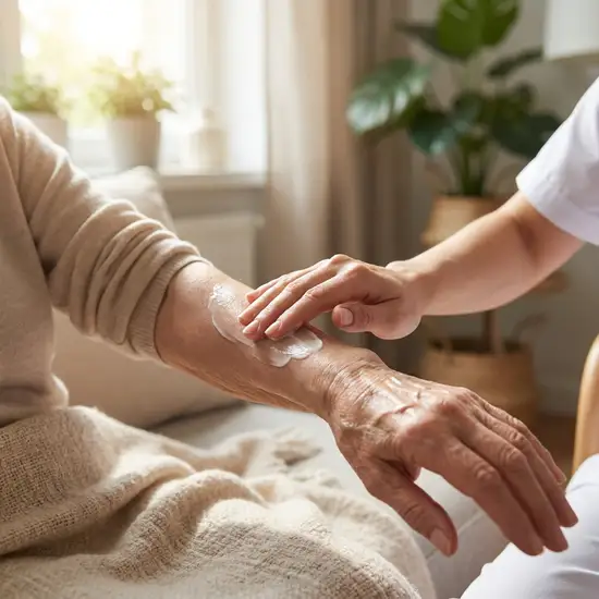Eine pflegende Hand cremt behutsam den Arm eines Seniors mit einer reichhaltigen Feuchtigkeitslotion ein. Die Haut sieht gepflegt aus, die Berührung wirkt sanft und beruhigend.