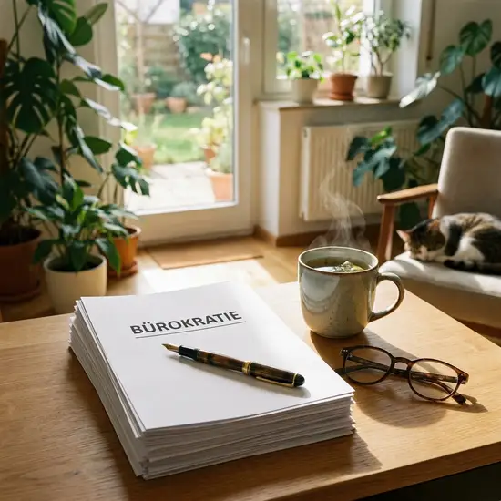 Ein aufgeräumter Schreibtisch mit einem Stapel ordentlicher Dokumente, einem Stift und einer Lesebrille. Daneben steht eine Tasse dampfender Tee. Eine entspannte Atmosphäre für die Bürokratie.