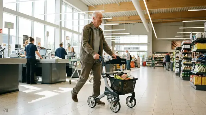 Ein rüstiger Senior schiebt entspannt einen modernen Rollator mit einem gut gefüllten Einkaufskorb durch die breiten Gänge eines hellen Supermarkts. Er trägt bequeme Kleidung und wirkt sicher und fokussiert.