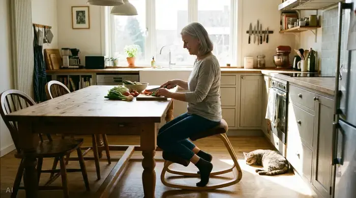 Eine ältere Frau sitzt bequem auf einem ergonomischen Hocker an einem großen Esstisch und schneidet frisches Gemüse. Die Küche ist aufgeräumt und sonnendurchflutet, die Haltung der Frau ist entspannt und rückenschonend.