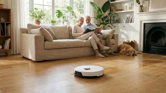 Ein flacher, moderner Saugroboter reinigt den hellen Holzboden in einem gemütlichen Wohnzimmer. Im Hintergrund sitzt ein älteres Ehepaar entspannt auf dem Sofa und liest, während das smarte Gerät leise die Arbeit übernimmt.