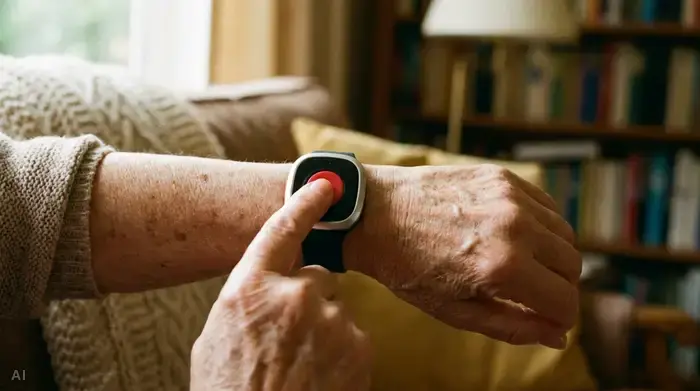 Eine Nahaufnahme einer älteren Hand, die sanft auf den roten Knopf eines modernen Hausnotruf-Armbands drückt. Das Armband wird am Handgelenk getragen, der Hintergrund ist leicht unscharf und zeigt ein gemütliches Wohnzimmer.