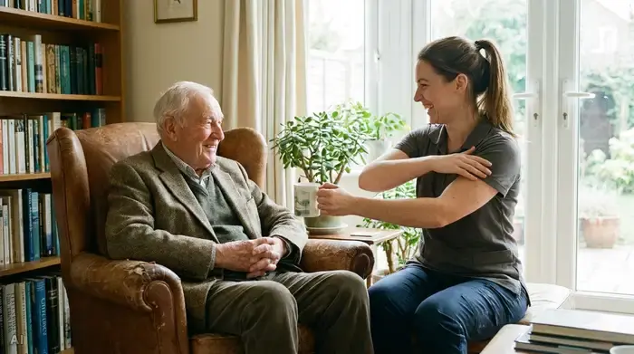 Ein älterer Herr sitzt entspannt in einem Sessel und unterhält sich mit einer freundlichen Physiotherapeutin, die ihm schonende Bewegungsabläufe für den Alltag demonstriert.