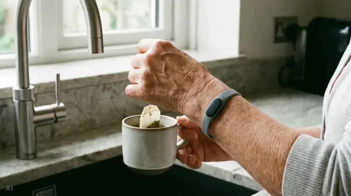 Nahaufnahme des Handgelenks einer älteren Dame, die ein unauffälliges, wasserdichtes Hausnotruf-Armband trägt, während sie in einer modernen Küche eine Tasse Tee zubereitet.