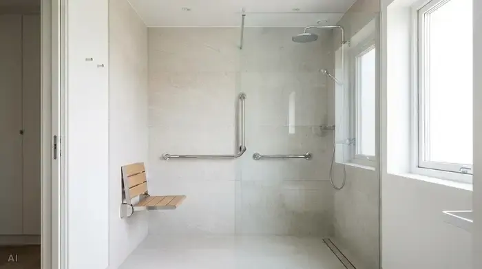 Ein helles, modern umgebautes Badezimmer mit einer bodengleichen Dusche, einem stabilen Duschklappsitz und eleganten, verchromten Haltegriffen an den Wänden.