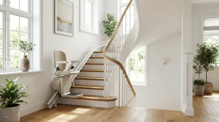 Ein gepflegter Treppenaufgang in einem hellen Einfamilienhaus, ausgestattet mit einem modernen, beigefarbenen Treppenlift, der elegant an der Wand entlangführt.